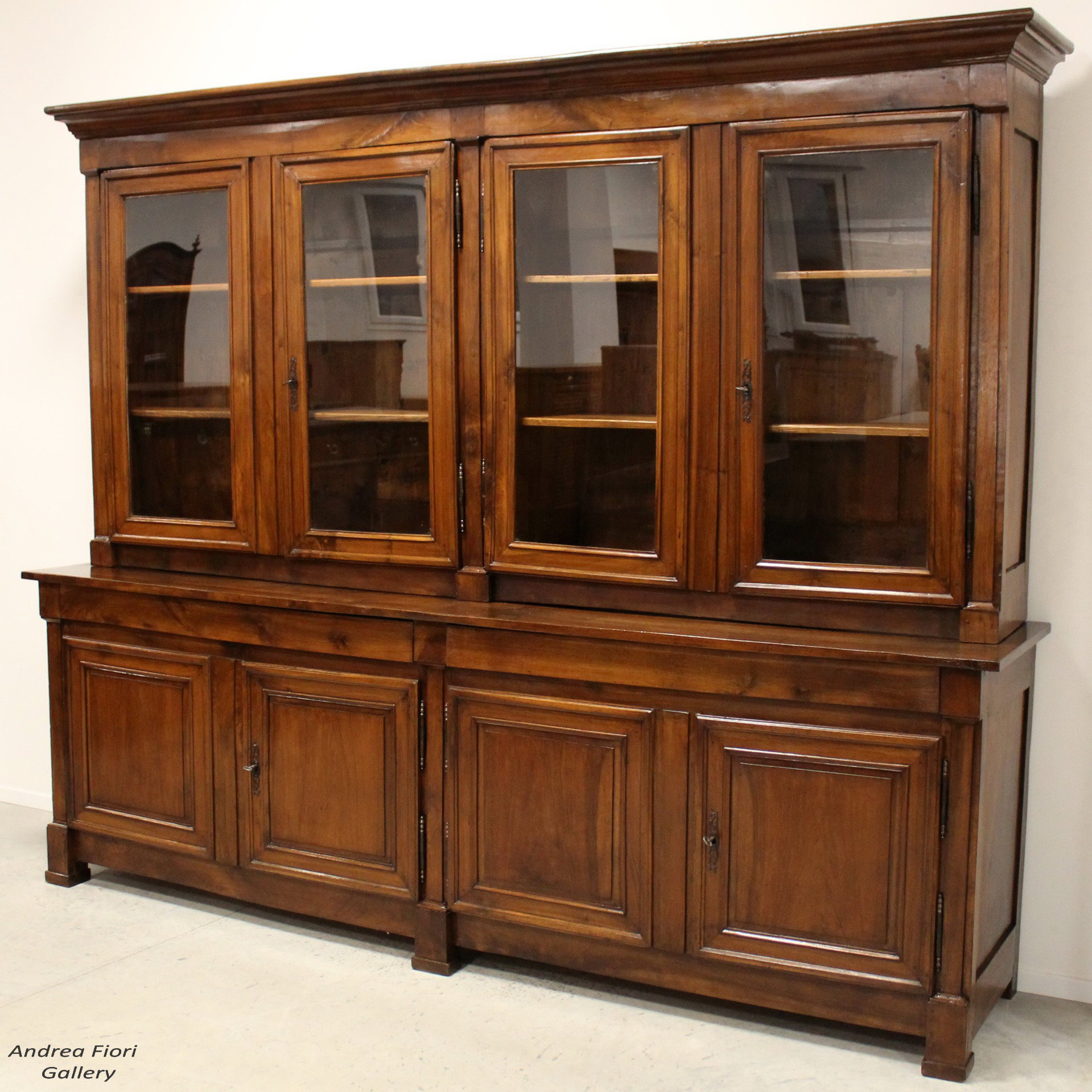 Bibliothèque Ancienne Empire à 8 Portes en Noyer (296 cm) - Époque XIXe Siècle
